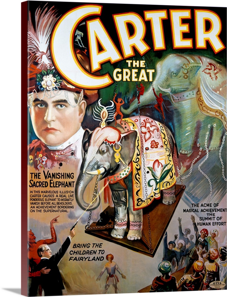 Oversized, portrait, vintage advertisement for "Carter the Great", featuring a portrait of the magicians face wearing a fa...