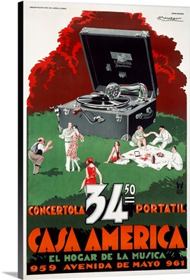Casa America, Portable Phonograph, Vintage Poster, by Achille Luciano Mauzan