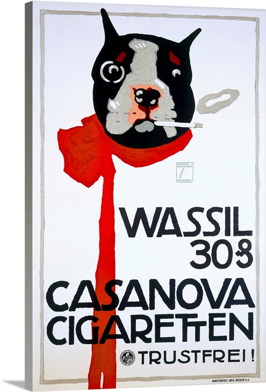 Casanova Cigarette, Boston Terrier, Vintage Poster | Large Canvas Print Wall Art