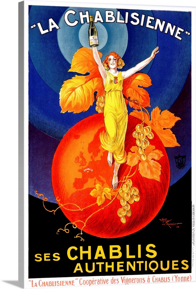 Colorful vintage advertising poster for white wine, featuring a glamorous red-headed woman standing on top of a red globe....