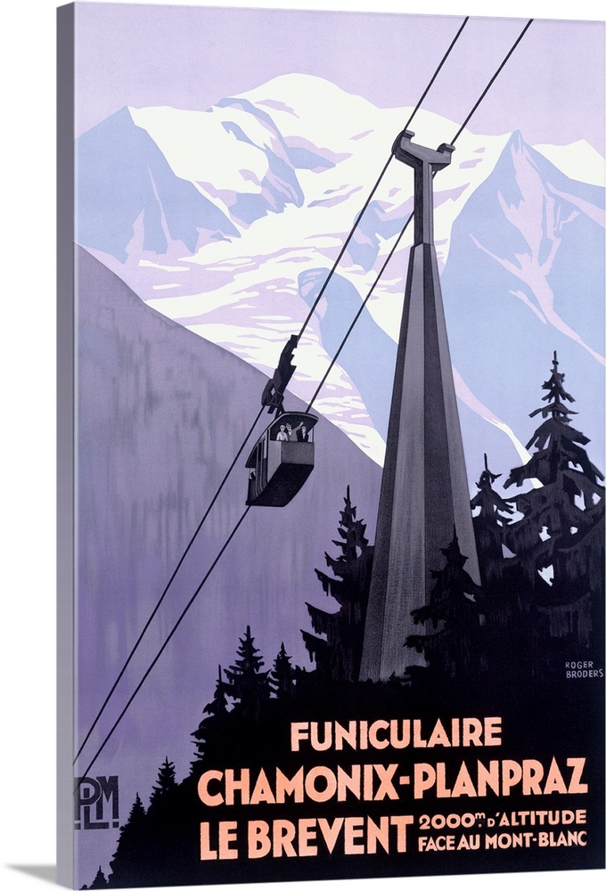 This vertical wall art an Art Deco travel poster of a cable car passing through the Alps with French text on it.