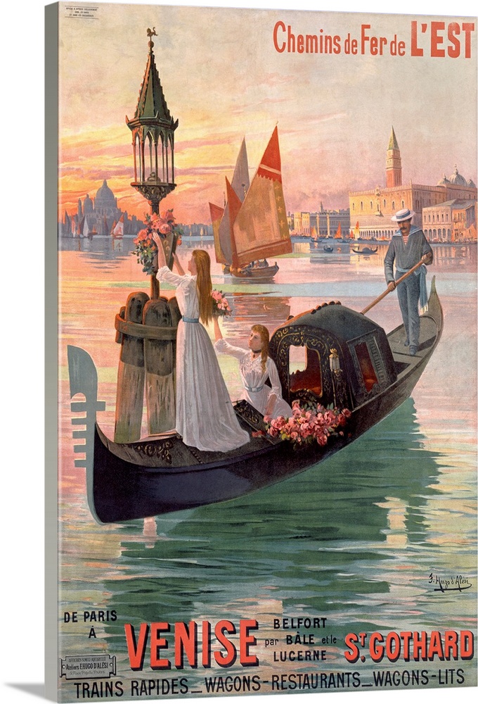 Vintage painting of a gondola in Venice with young ladies standing on the boat decorating the light posts in the canal wat...