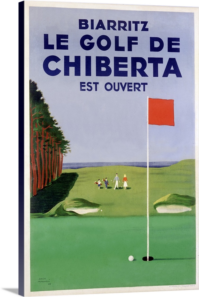 This antique poster advertises scenic costal golf course; the art work has graphic qualities and flat textures and the use...