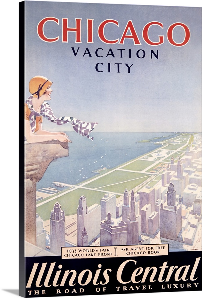 Vintage travel advertising poster for the city of Chicago, featuring a woman with a flowing scarf looking over a stone bal...
