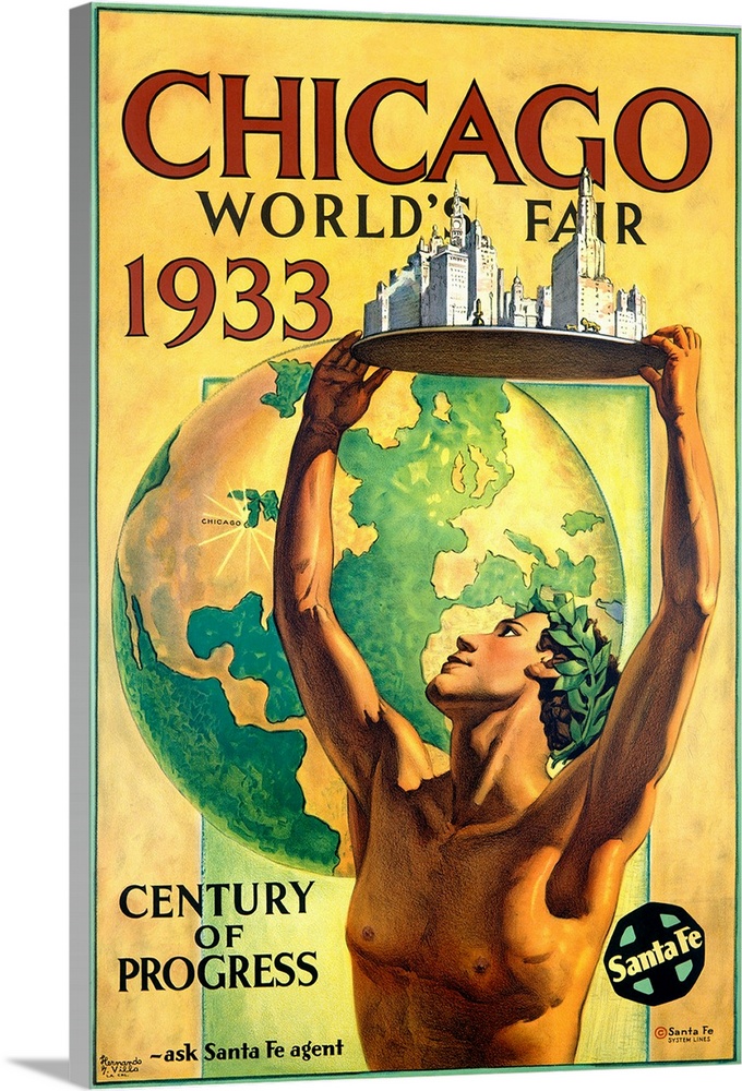 Classic advertisement for the 1933 World's Fair in Chicago, Illinois (IL) featuring a man holding a city above his head  w...