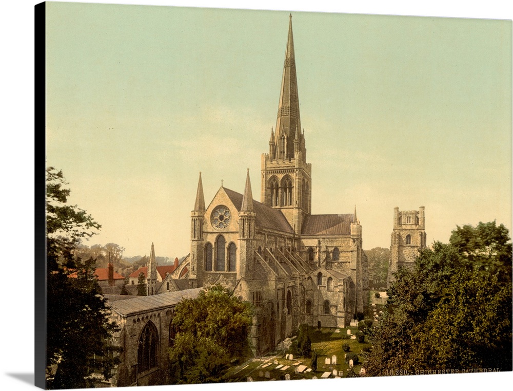 Hand colored photograph of Chichester cathedral, Sussex, England.