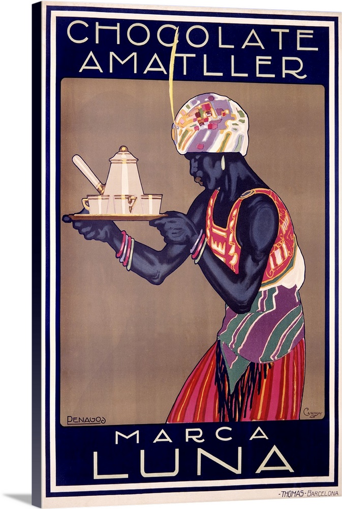 Vintage style artwork that shows a butler carrying a tray of tea as he holds his head slightly down.