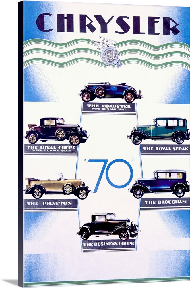 This promotional poster presents the full range of Chrysler's "70" model series with an elegant symmetry and technical pre...