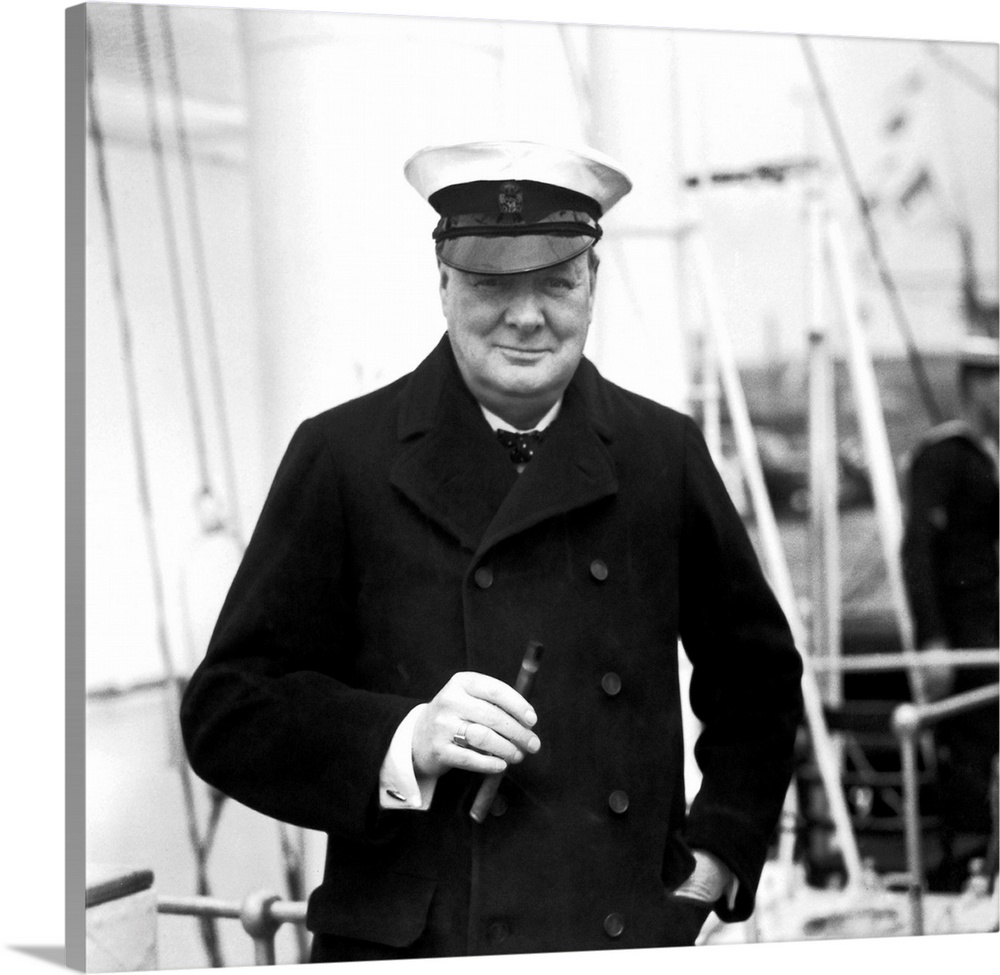 English statesman Sir Winston Churchill on board HMS Enchantress during a review of the fleet by King George VI at Spithead