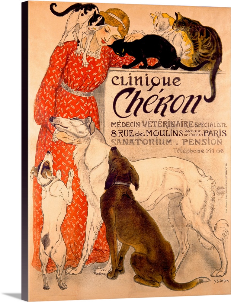Vintage artwork that shows a woman in a red dress being loved on by both cats and dogs.