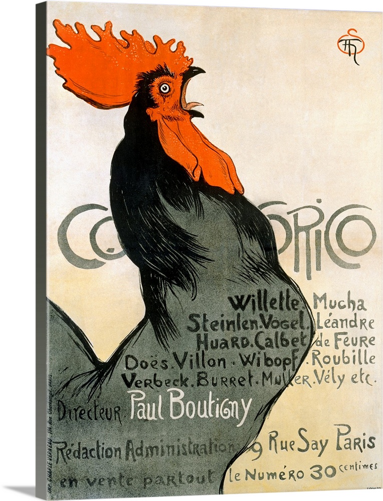 Vintage poster of a black rooster crowing.