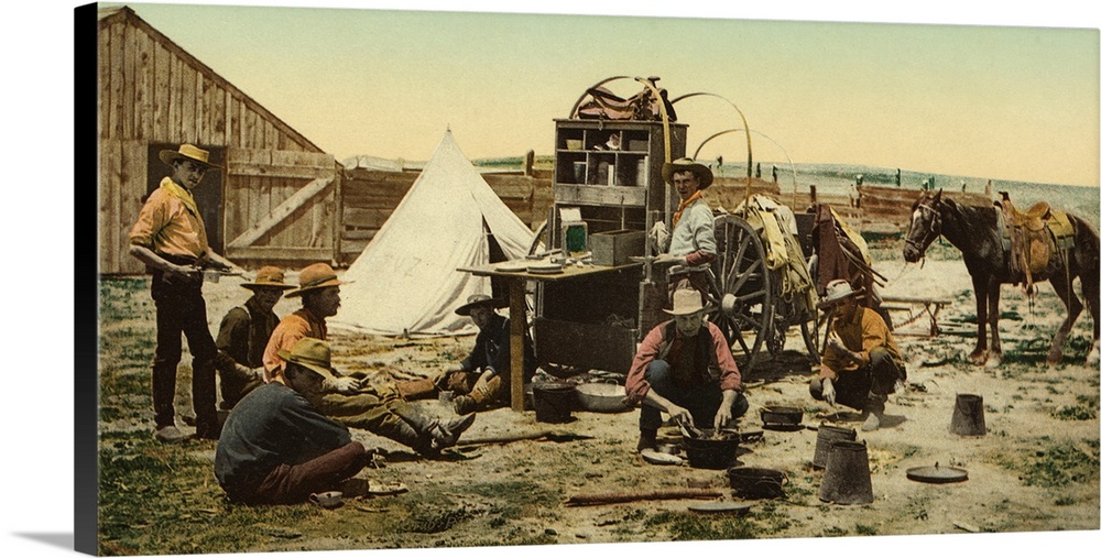 Hand colored photograph of Colorado. The round up, "grub pile".