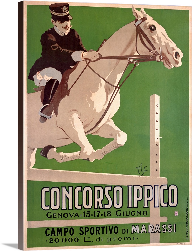 Vintage Italian advertisement for an equestrian event depicting horse and rider leaping over a hurdle.