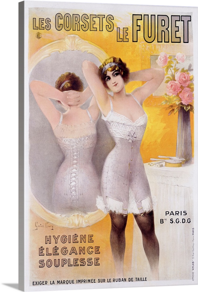 Vertical vintage advertisement for Corsets le Furet with French text.  A woman in a vintage corset stands with her back to...