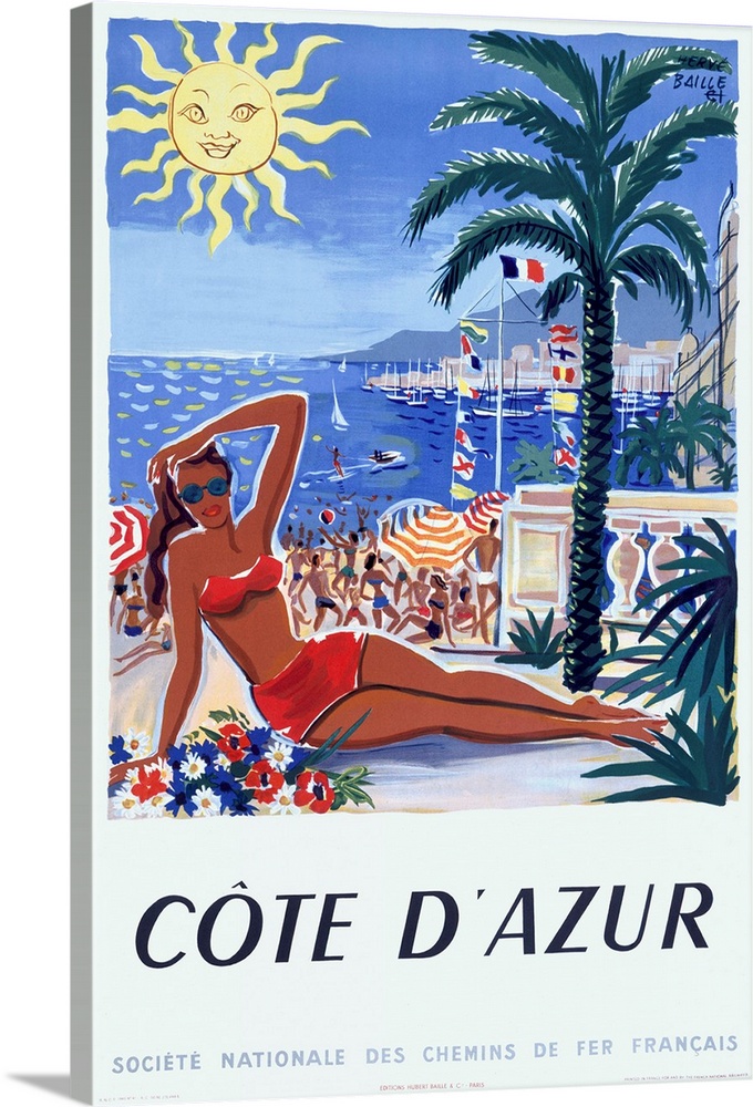 Vintage artwork that shows a woman close up in a bathing suit with more people playing on the beach behind her. Palm trees...