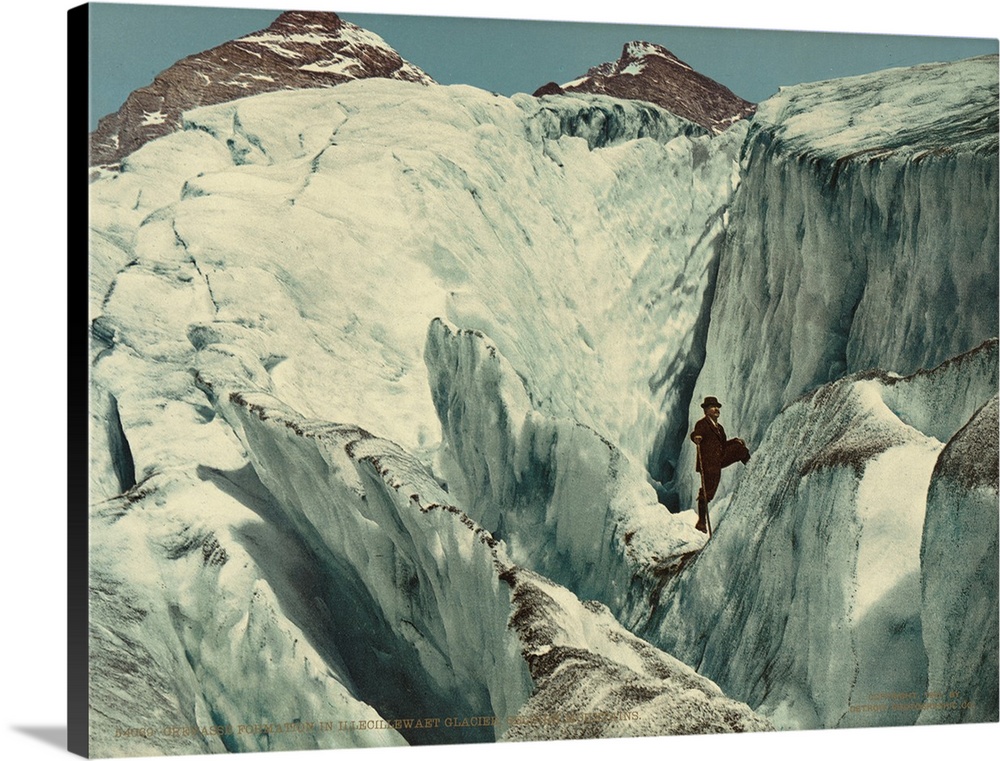 Hand colored photograph of crevasse formation in Illecillewaet glacier, Selkirk Mountain.