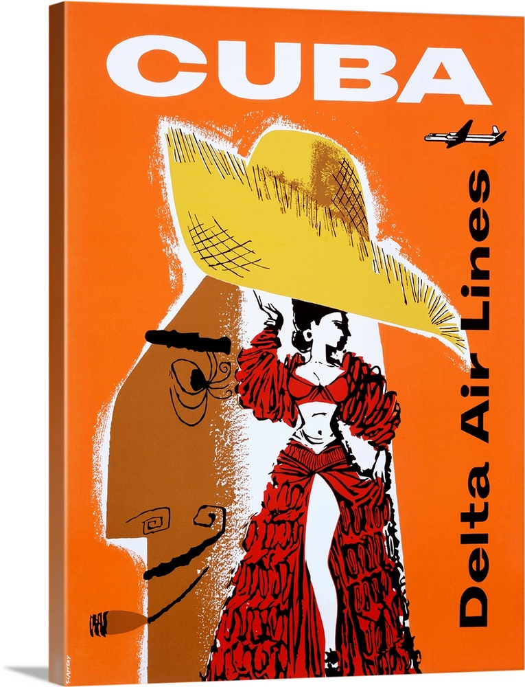 This vintage poster shows a woman in salsa attire standing in front of an enlarged head of a man wearing a sombrero so tha...