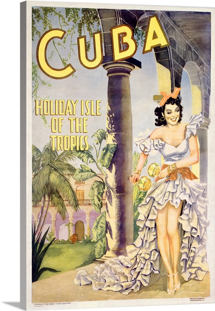 Old advertising poster with woman in ruffled dress shaking maracas with palm trees and buildings in background.