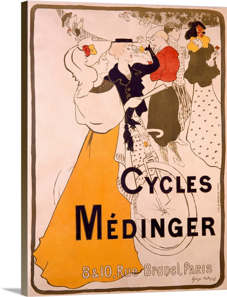 Old print advertising  bicycles.  There are women socializing, standing around a vintage cycle.