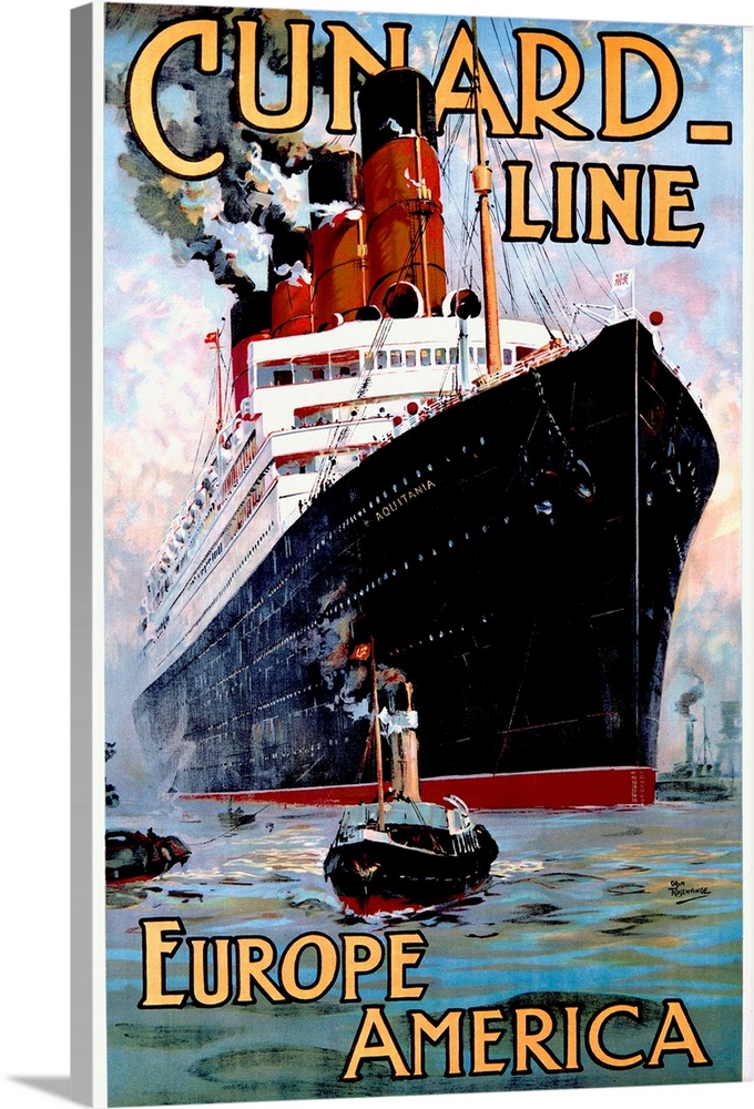 Vintage poster of an immense passenger ship that is being pulled by a small tug boat at the bottom of the painting.