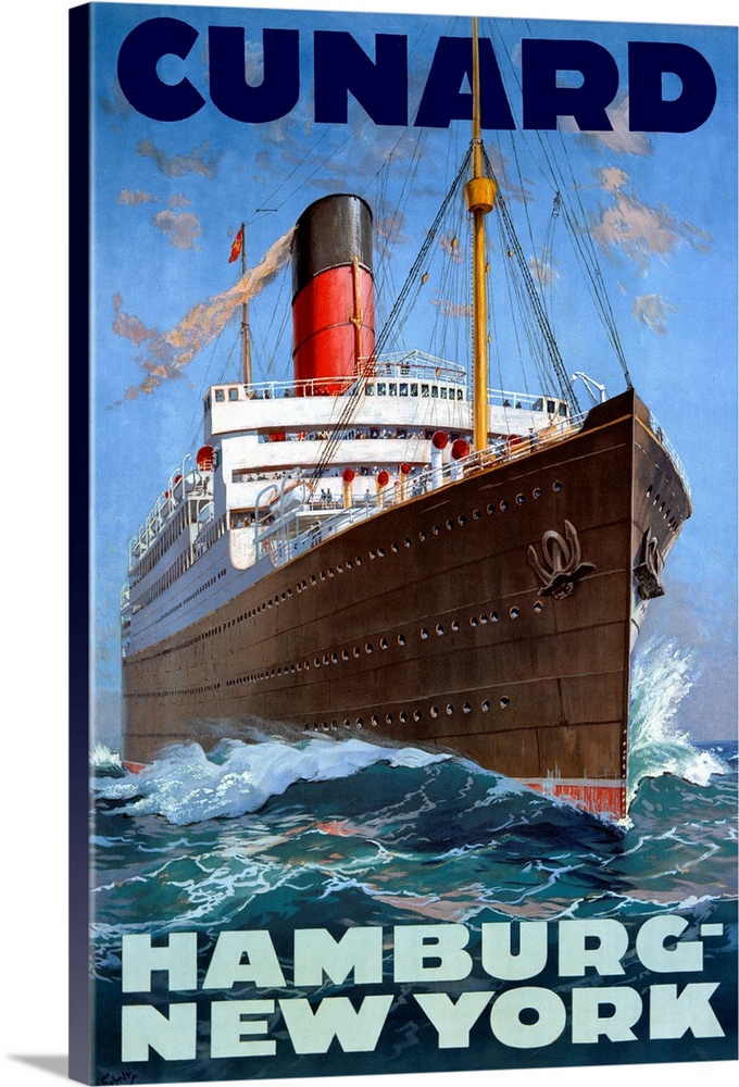 Large, vertical vintage advertisement for the Cunard Line, from Hamburg to New York.  A large ship charges through the wat...