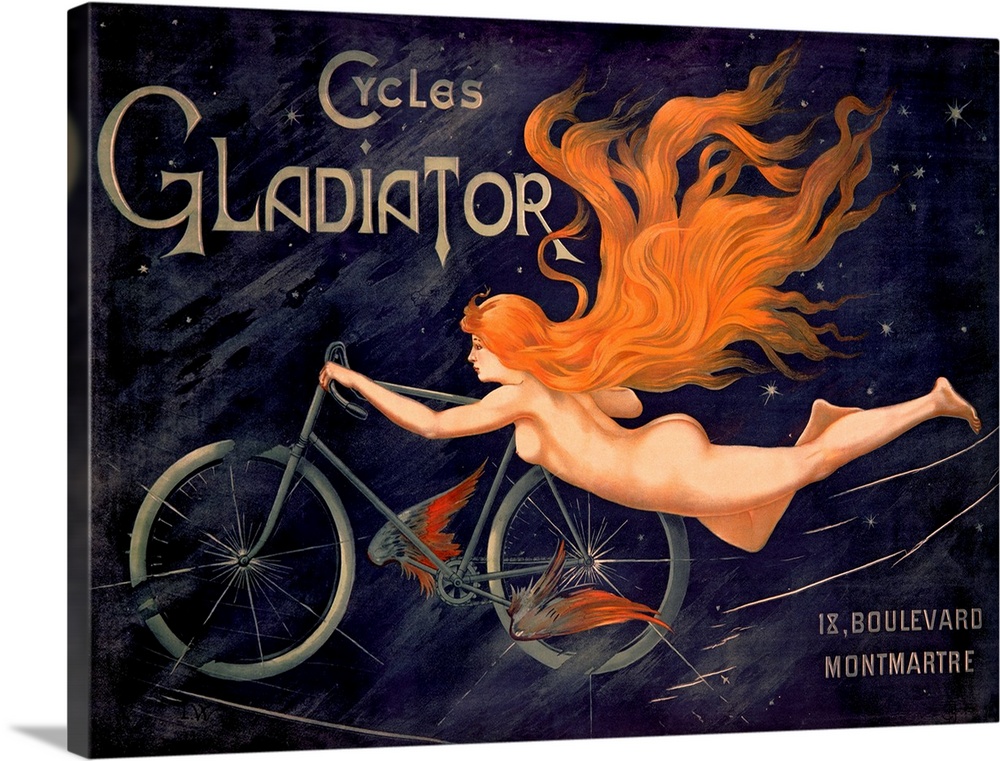 Big, horizontal, vintage wall art advertisement for Cycles Gladiator of a nude woman with long, red flowing hair, holding ...