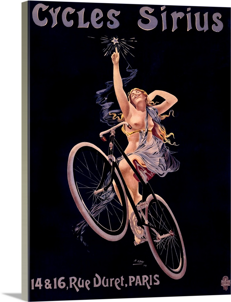 Vintage poster of a woman on a bicycle reaching up to touch a star with text written above and below.