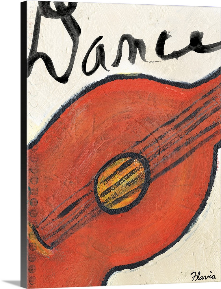 Bright painting of a close up of a guitar with the word Dance on top of the image.