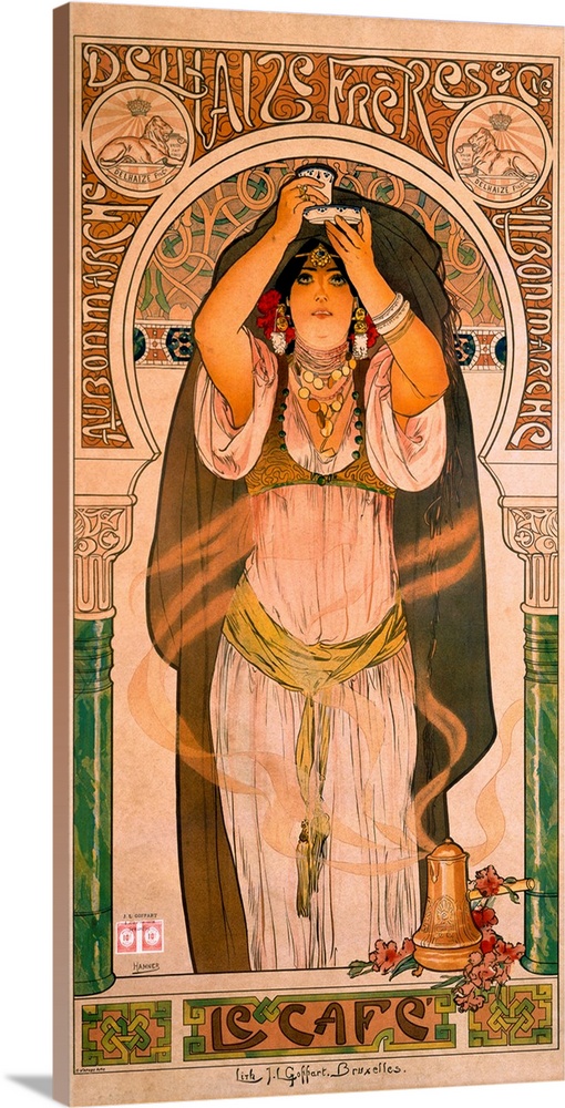 Lady holding up plate and cup. A sumptuous design for Delhaize Brothers coffee that wallows in the orientalism so prevalen...