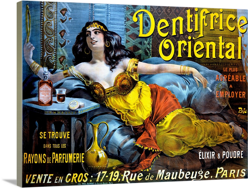 Antiqued poster of a woman lounging on a bed looking at herself in the mirror she is holding.