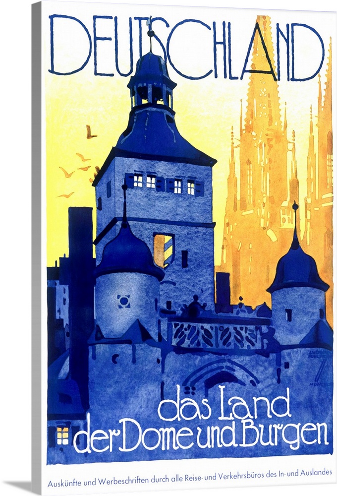 Vintage poster of a large castle with text above and below it.