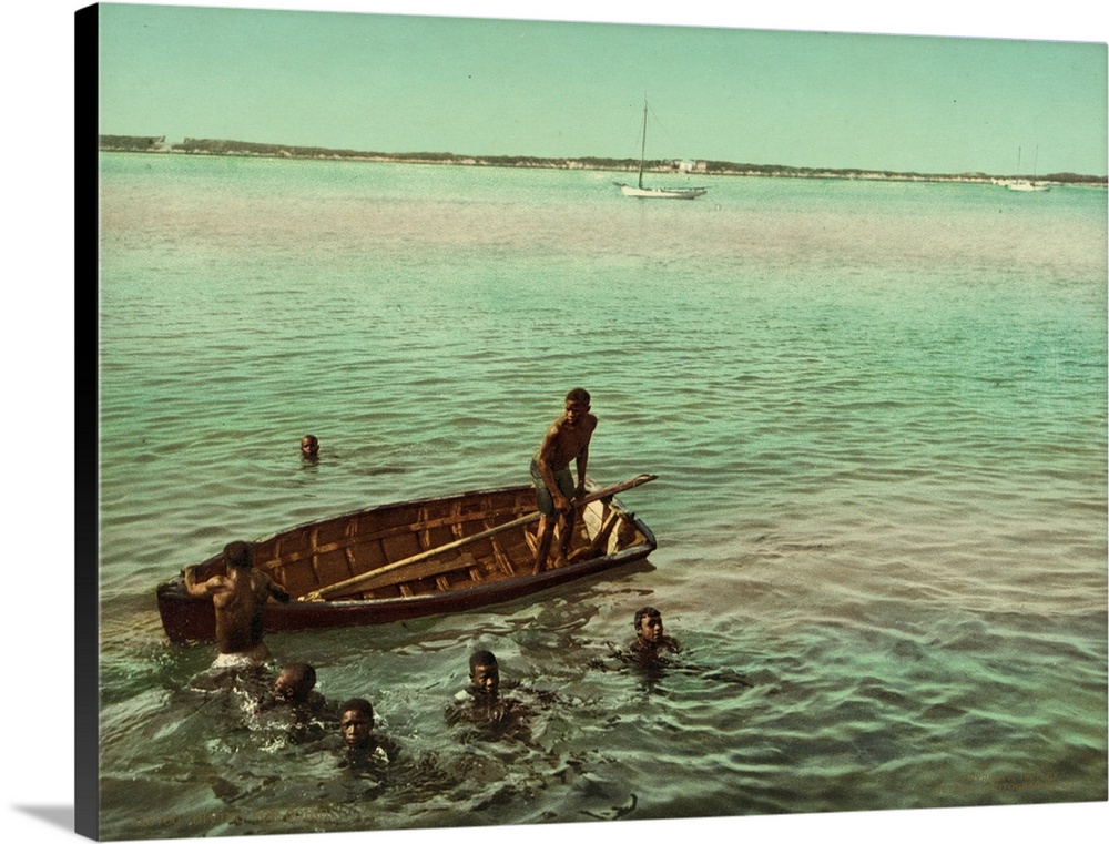 Hand colored photograph of diving for coins, Nassau, Bahama islands.