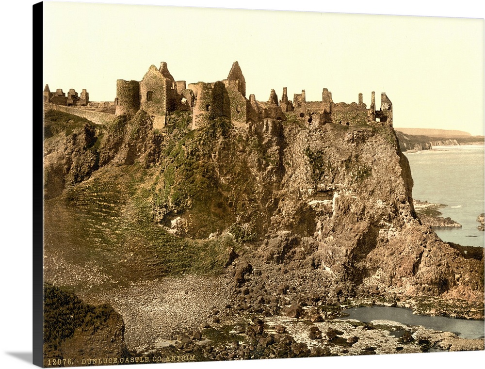 Hand colored photograph of Dunluce castle, country Antrim, Ireland.