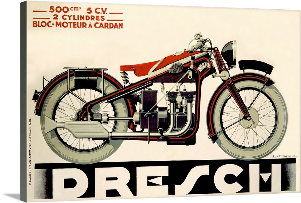 Large, horizontal vintage art advertisement of a Dresch, 500 CC Motorcycle in black and red, on a solid cream background.