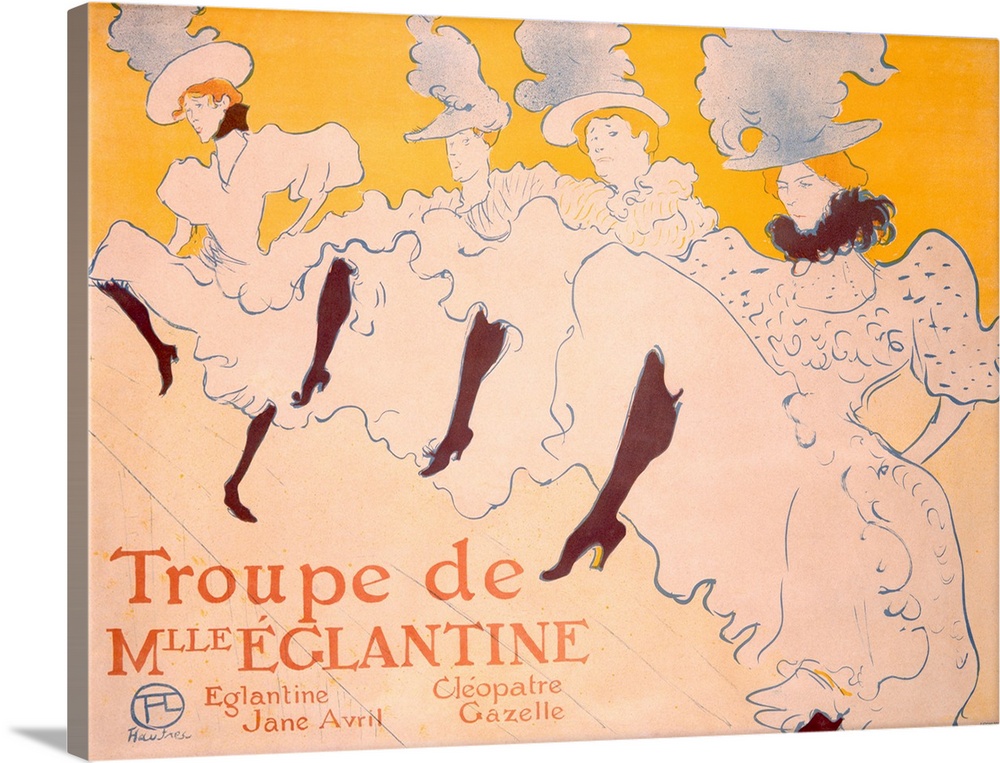 This iconic poster, created by Henri de Toulouse-Lautrec, advertises the Troupe de Mlle Eglantine, a can-can dance group t...