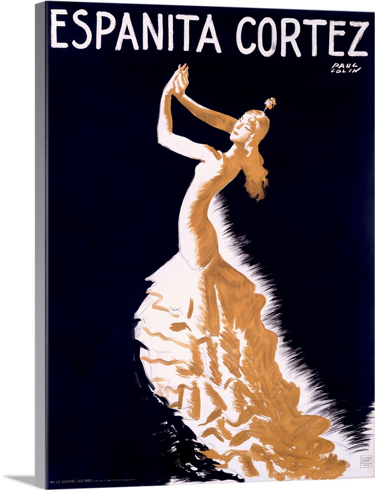 Vintage Art Deco style advertising poster of a woman dancing in a long and flowing dress with a flower in her hair.