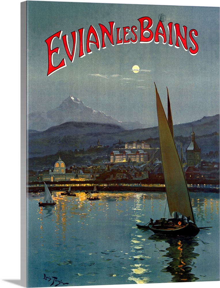 Big, vertical vintage travel advertisement for Evian les Bains of several sailboats in the moonlit waters in front of a ci...