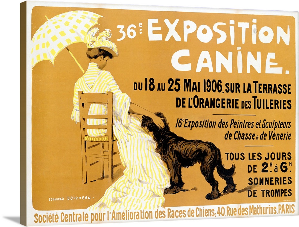 Advertisement for the 36th Dog Show at l'Orangerie des Tuileries in Paris. The poster shows an elegant woman with a paraso...