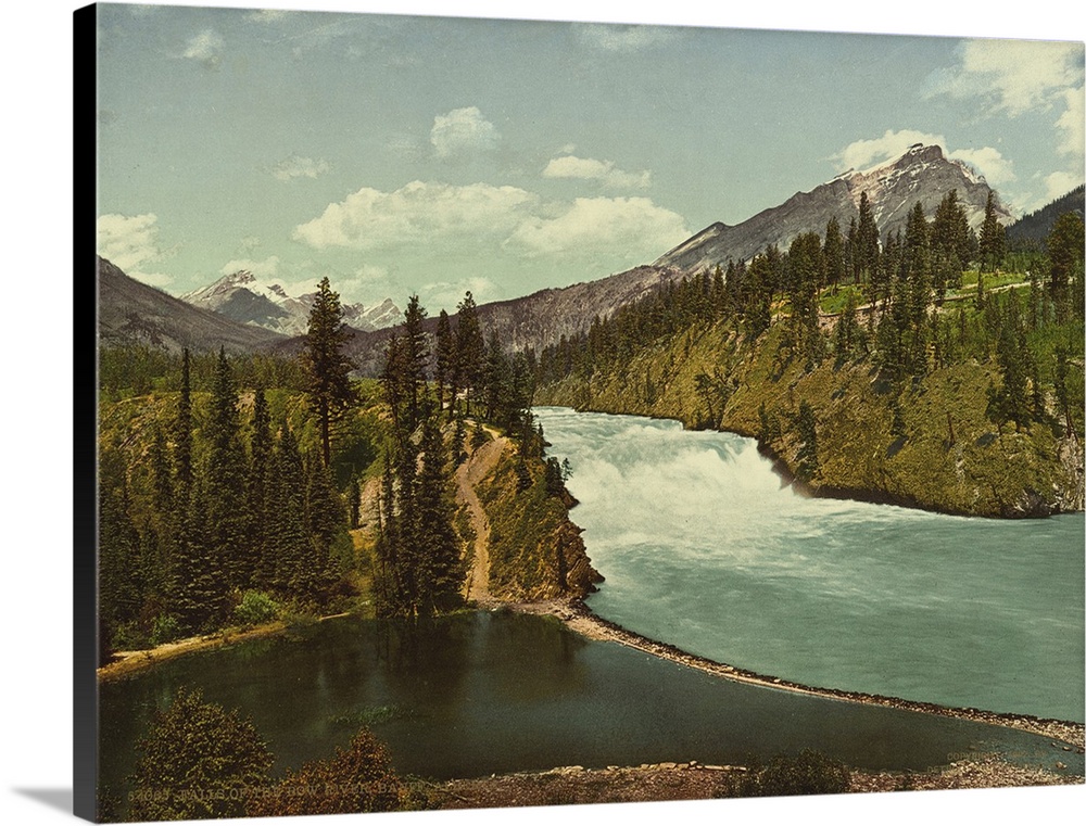 Hand colored photograph of falls of the bow river, Banff, Alberta.