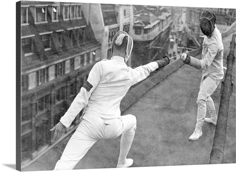 25th June 1937:  Competitors in the preliminary pools of the United Banks' Fencing Club championship warm up on the roof o...