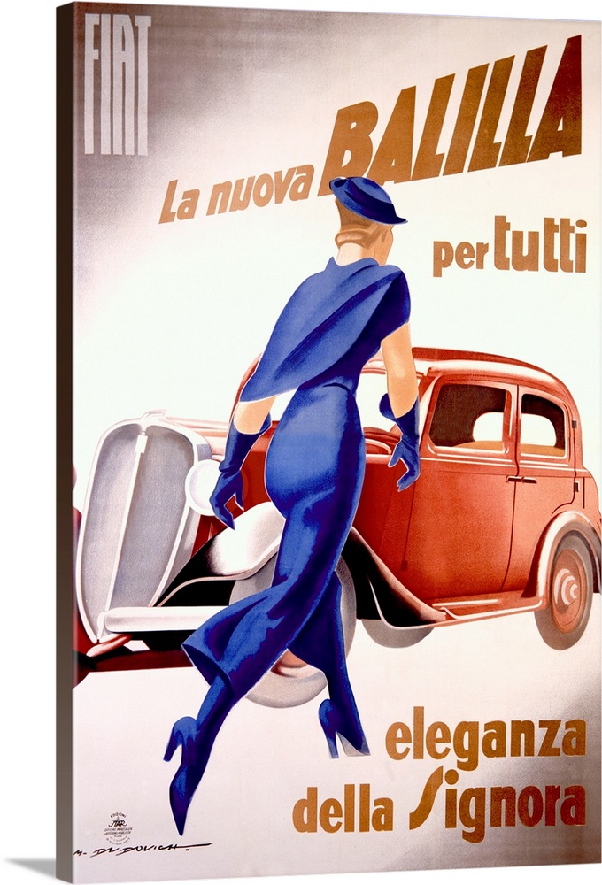 This is a vertical, vintage advertisement in the Art Deco style for the Italian car Fiat that shows an elegantly dress wom...