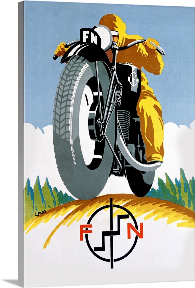 Large print of a antiqued poster of a guy riding a motorcycle with a symbol at the bottom.
