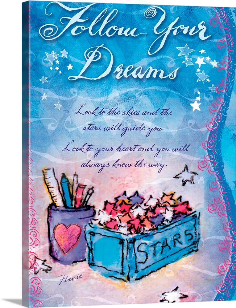 Inspirational painting with stars and whimsical designs urging you to follow your dreams.