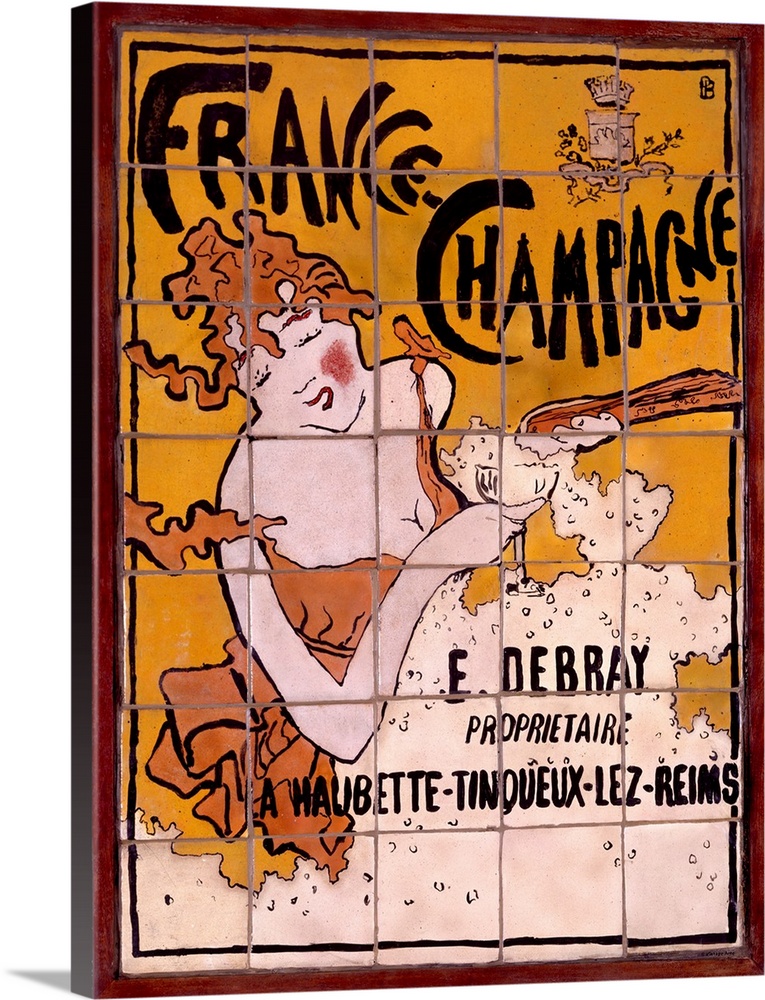 Antiqued poster print advertising champagne with a painting of a woman with a wine glass.