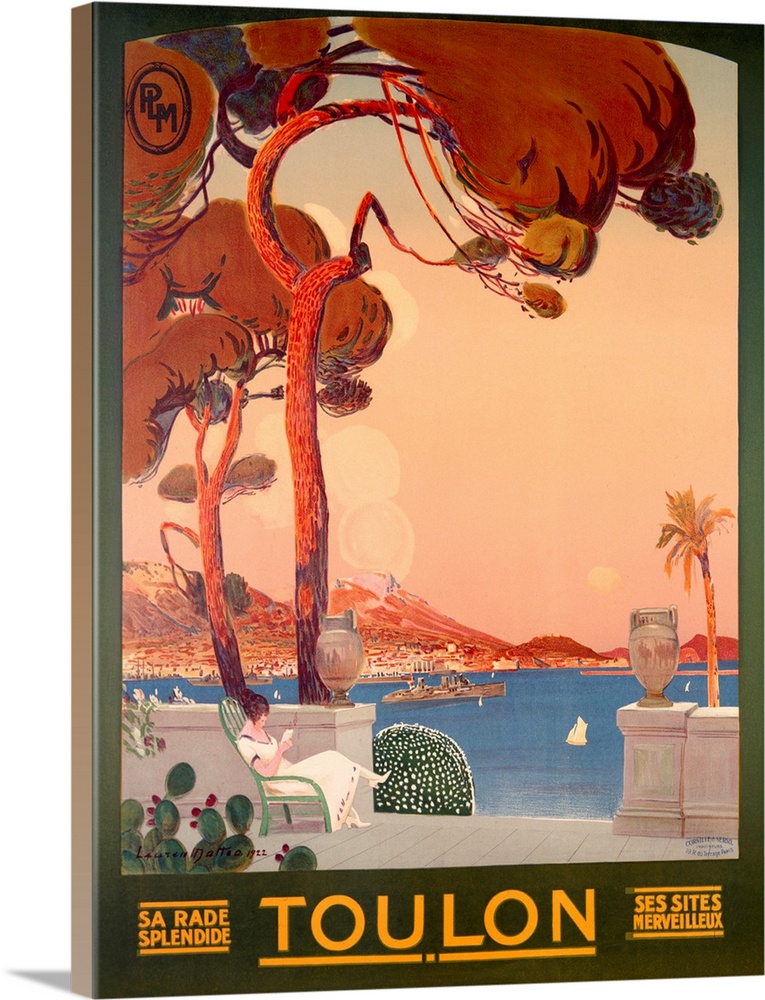 1922 PLM rail poster for the French Meditteranean port of Toulon. Framed by a graceful arch, this PLM rail poster for the ...