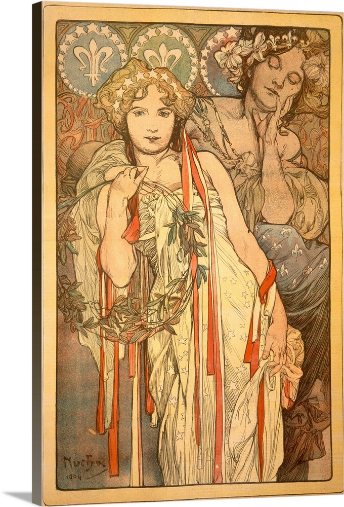 Large, vertical vintage poster art of two women in flowing dresses with elaborate hair pieces.  The woman in the foregroun...