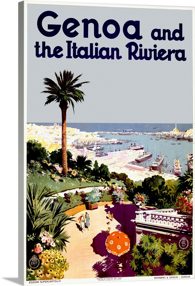 Old advertising print for foreign travel.  There is the image of a beach leading to a port that is filled with boats under...
