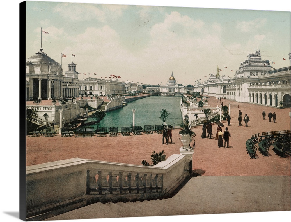 Hand colored photograph of grand court, looking west. Trans-Mississippi exposition.