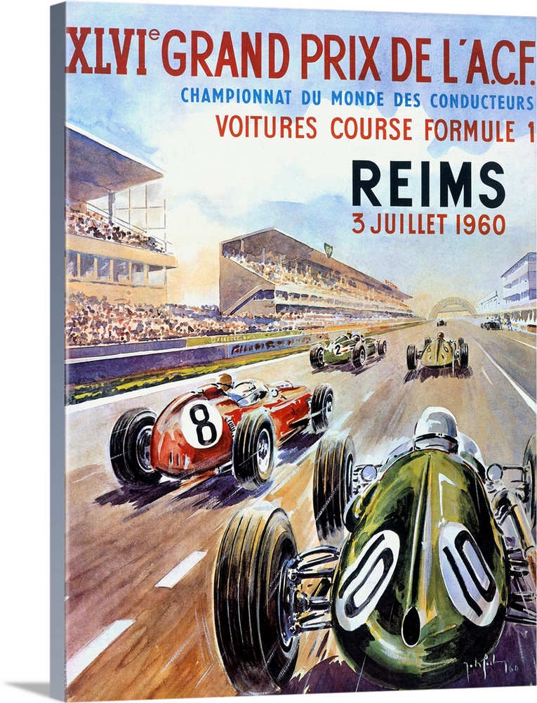 A vertical illustrated poster of race cars on a track in a stadium with a description of the race in French above the cars.