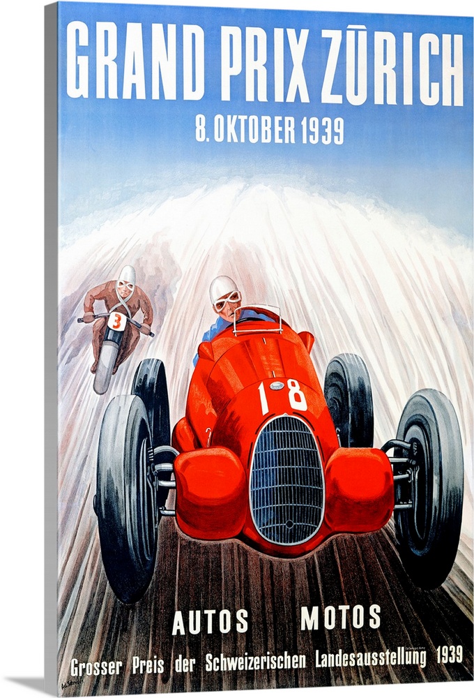 This vintage poster is a drawing of a man racing in a car with another man just to the left and behind him racing on a mot...